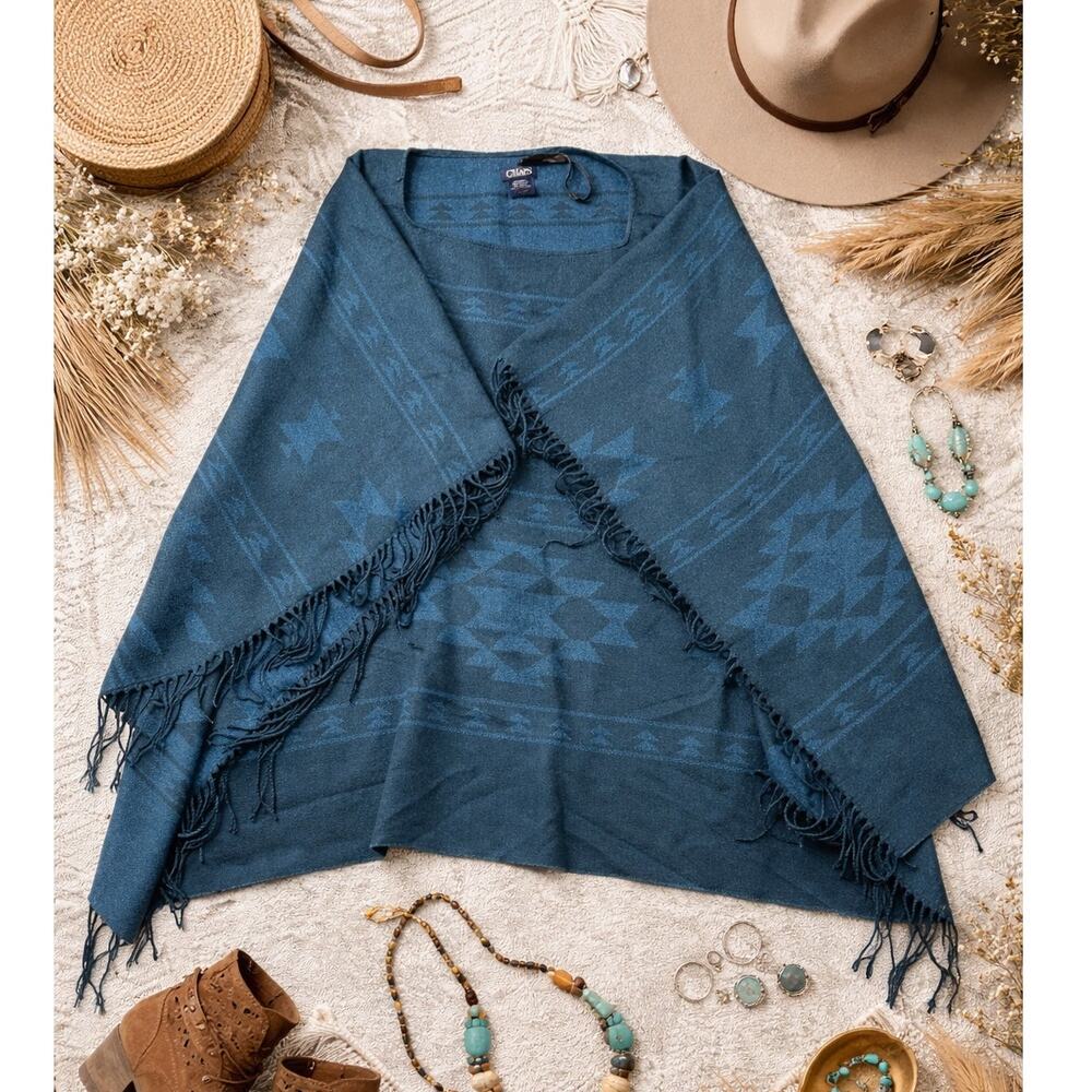Chaps Blue Aztec Southwest Fringe Poncho Wrap One Size Boho Western Comfortable